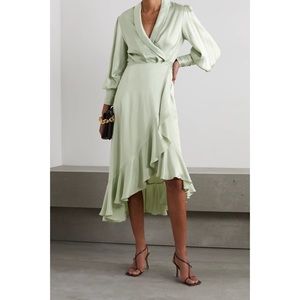 Zimmermann 3 Asymmetric Silk Ruffle Long Sleeve Sage Green Wrap Dress